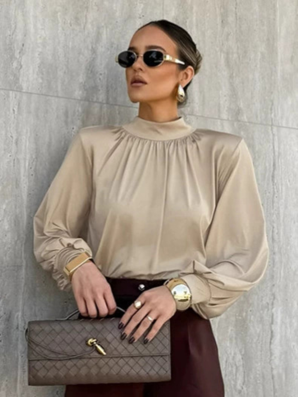 Forever 21 Satin Puff Sleeve Blouse Fall Office Inner Stand Collar